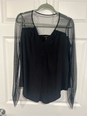 BCBGMaxAzria Black Sheer-Sleeve V-Neck Blouse